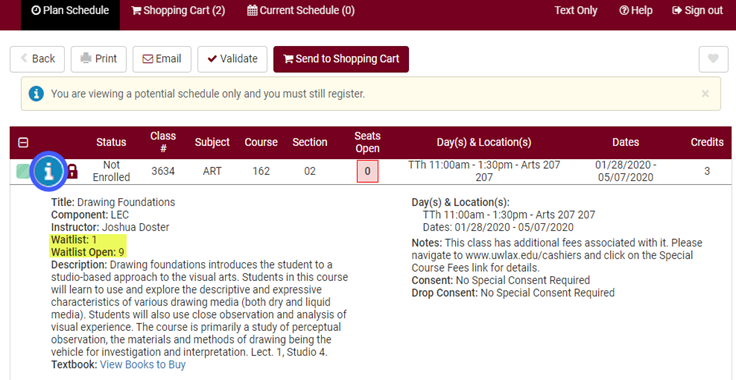 Schedule Planner's information button shows the wait list information.