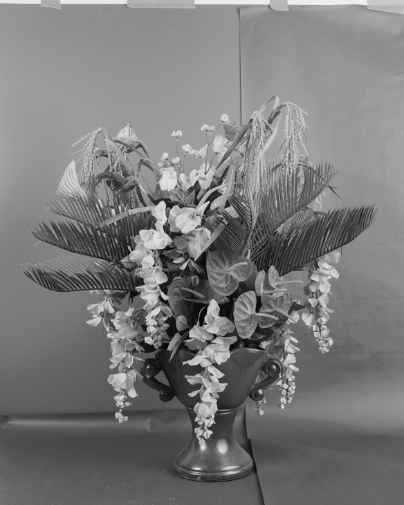 black and white photograph of flower arrangement