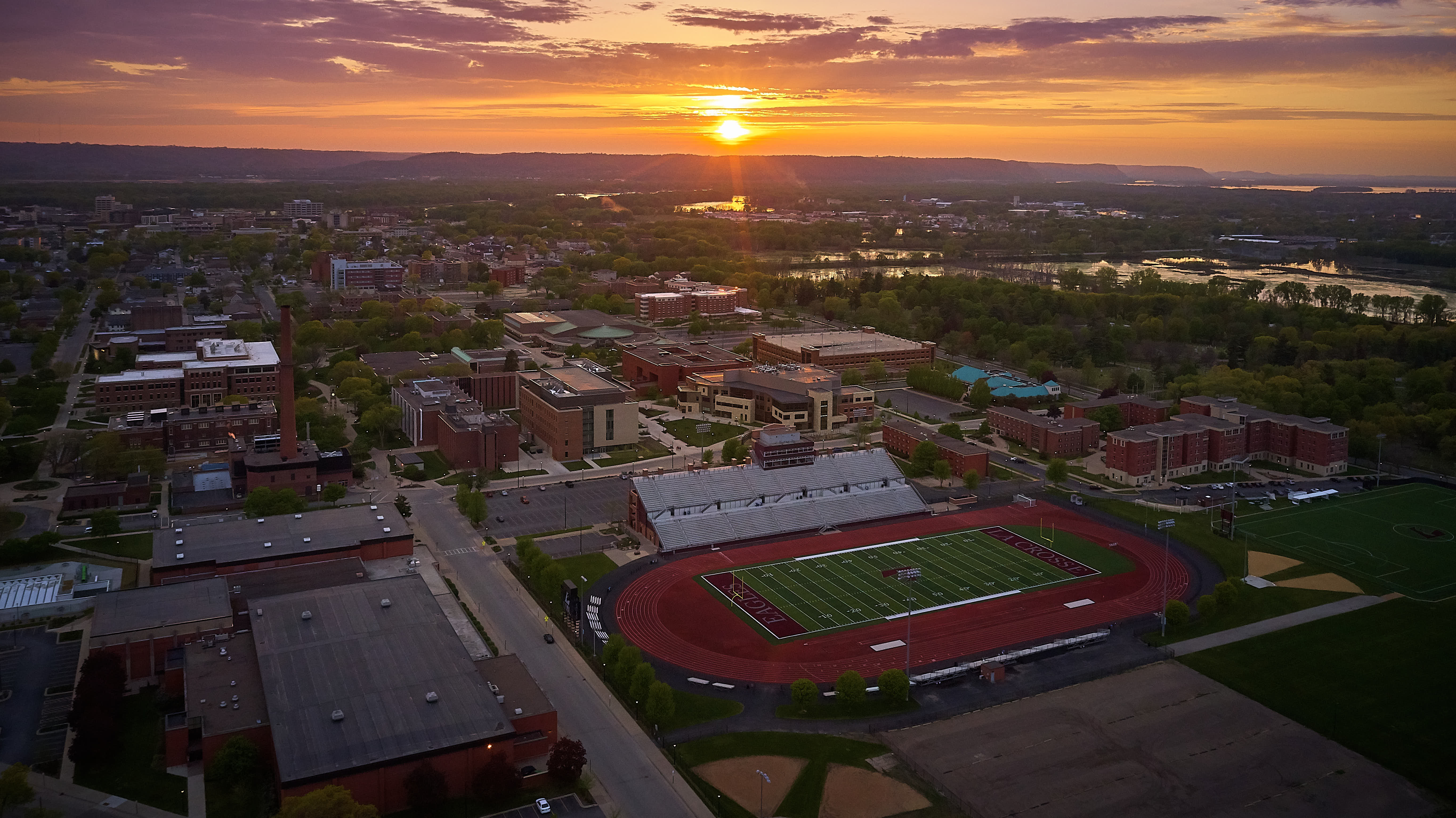 aerial view of UW-La Crosse campus at sunset