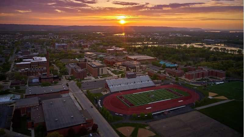 aerial view of UW-La Crosse campus at sunset