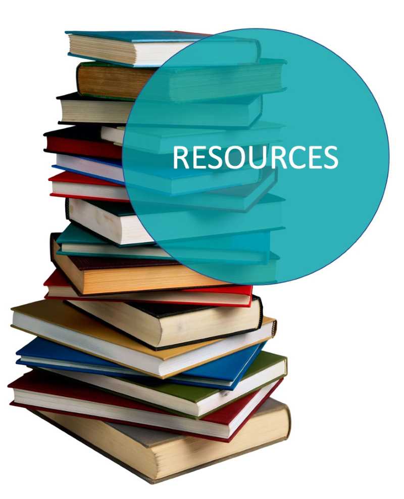 Stack of books with title of resources