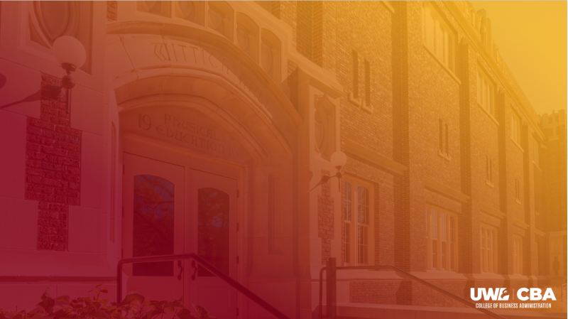 UWL CBA section divider in yellow branding style featuring a photo of Wittich Hall