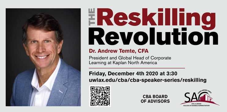 Event flyer for the Andrew Temte lecture on The Reskiling Revolution from December 4th, 2020.