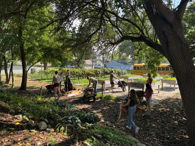 Students working in a garden.