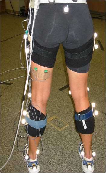 Participant with motion capture markers and electromyography sensors.  This allows us to measure motion at the same time we are measuring muscle activity