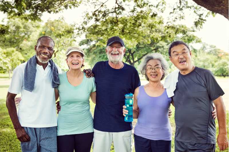 Senior citizens after an exercise class. Physical excercise can help prevent or delay dementia.