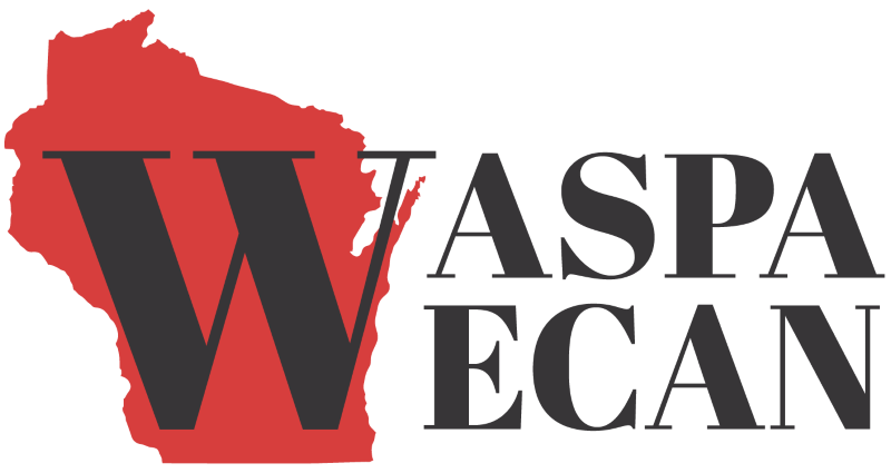 WASPA | WECAN logo with red state of Wisconsin and black text