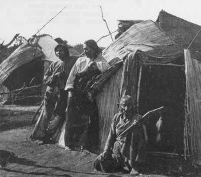 Chief Yellow Thunder (seated) and two unknown men in front of a wigwam covered with woven cattail mats.