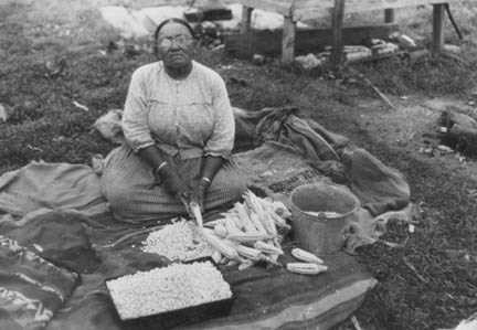 Frank Lincoln’s Mother removing cooked corn kernels from the cob.