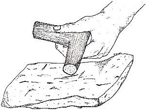 Drawing - catlinite being rubbed on an abrasive block of quartzite or sandstone 