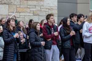 Students gather at the 2025 UWL Campus Holiday Tree Lighting.