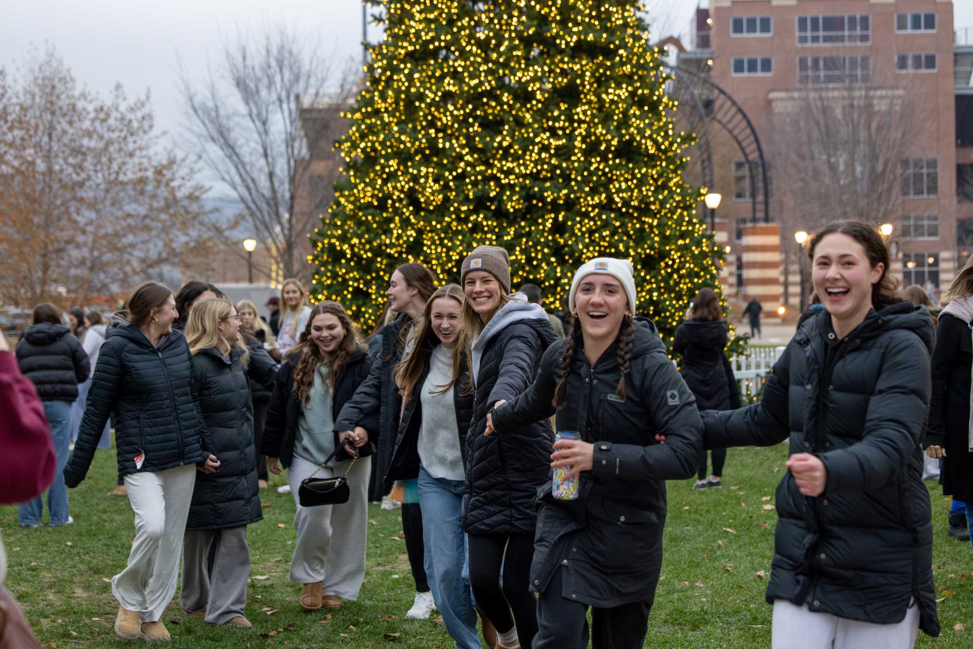 A group of students in front of the Campus Holiday Tree.