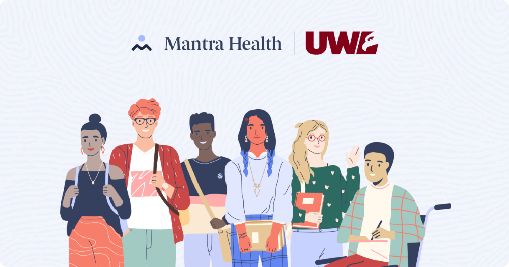 Group of six diverse individuals holding books and backpacks, standing in front of Mantra Health and UWL logos.