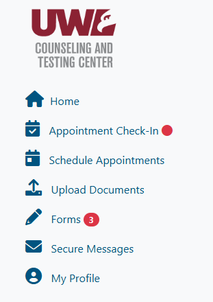 Screenshot of Patient Portal menu. Includes Home, Appointment Check-in, Schedule Appointments, Upload Documents, Forms, Secure Messages, and My Profile