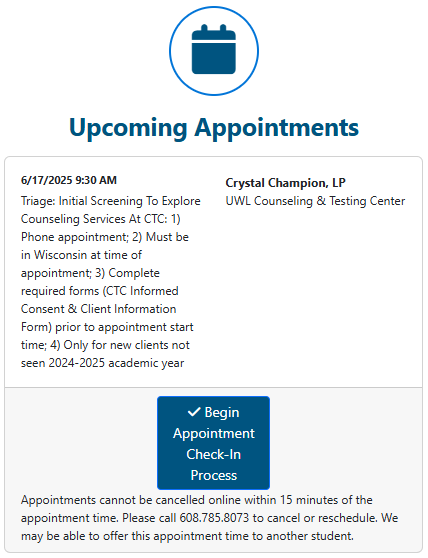 Screenshot of Patient Portal upcoming appointments information. Includes date, time, location, and directions for the appointment. Also includes other information for check-in and cancelation