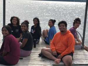 Students hanging out on the Raft at Camp Pepin. 