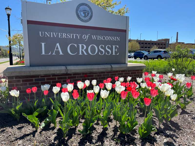 UWL monument sign with spring tulips