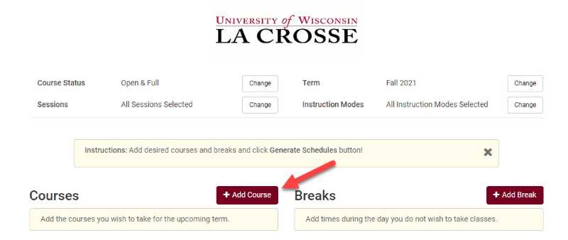 Click Add Course to search for courses in Schedule Planner.