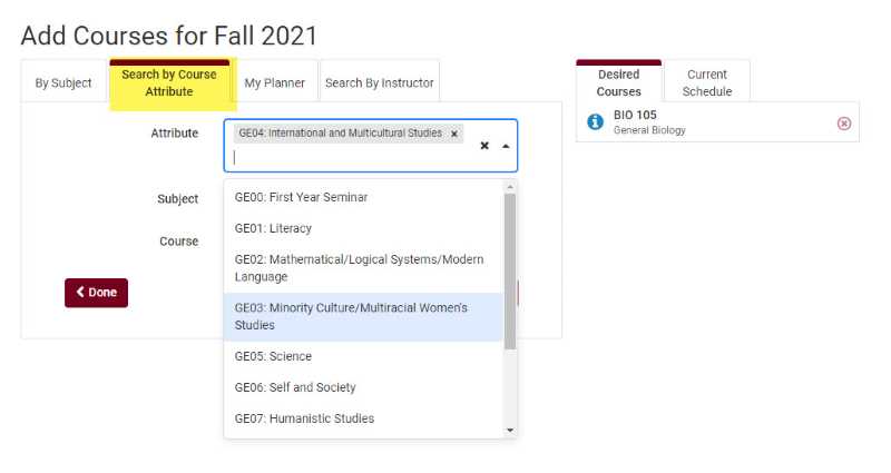 Use the Course Attribute tab to search by attributes such as General Education categories.