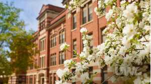 Graff Main Hall with spring blooms