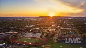 UWL campus from the air at sunset