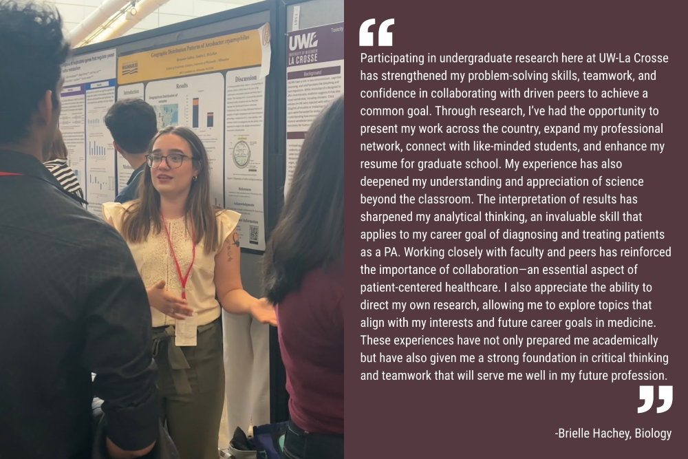 An image of student Brielle Hachey presenting her research poster to other students. Her quote is included in white text on a dark purple background: "Participating in undergraduate research here at UW-La Crosse has strengthened my problem-solving skills, teamwork, and confidence in collaborating with driven peers to achieve a common goal. Through research, I’ve had the opportunity to present my work across the country, expand my professional network, connect with like-minded students, and enhance my resume for graduate school. My experience has also deepened my understanding and appreciation of science beyond the classroom. The interpretation of results has sharpened my analytical thinking, an invaluable skill that applies to my career goal of diagnosing and treating patients as a PA. Working closely with faculty and peers has reinforced the importance of collaboration—an essential aspect of patient-centered healthcare. I also appreciate the ability to direct my own research, allowing me to explore topics that align with my interests and future career goals in medicine. These experiences have not only prepared me academically but have also given me a strong foundation in critical thinking and teamwork that will serve me well in my future profession."