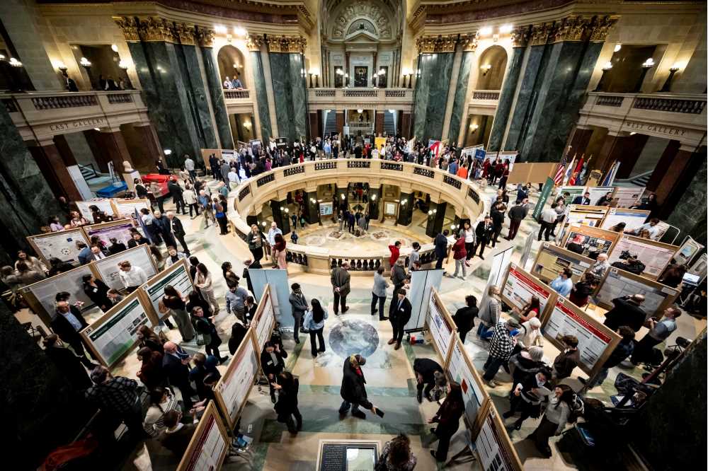 Aerial shot of Research in the Rotunda in the Madison Capitol Building