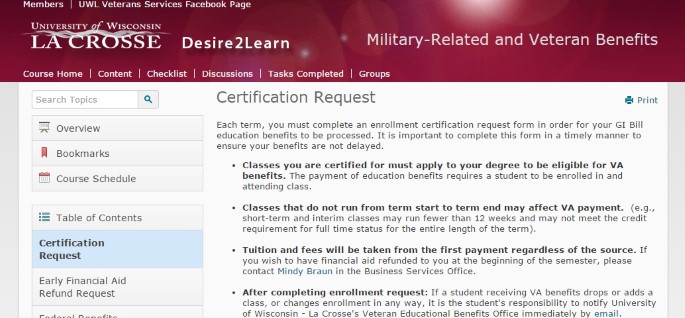 D2L Certification Request Screenshot