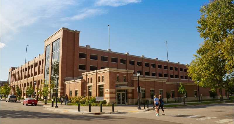 University Police is located next door to the parking ramp, at 605 17th St. North